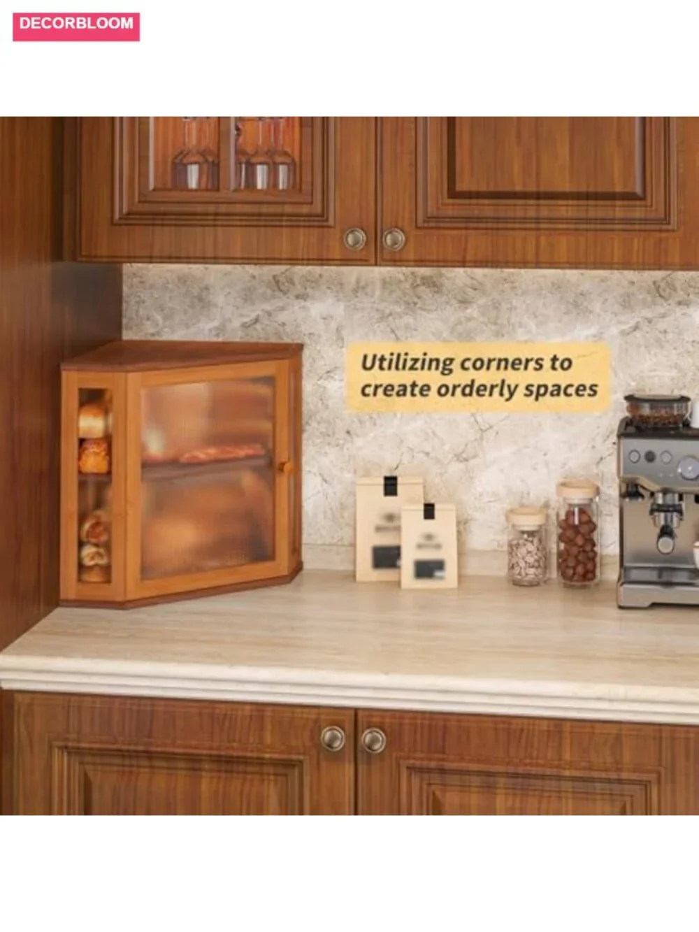Bamboo Corner Bread Box, Double Layer Kitchen Countertop Storage with Acrylic